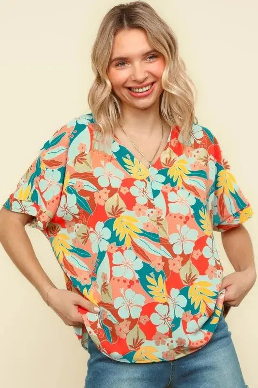 Haptics V Neck Drop Shoulder Hawaiian Woven Top for Summer - Love Salve
